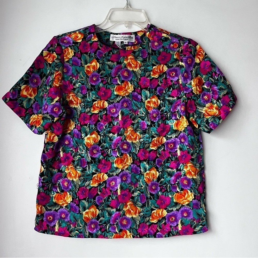 Vintage 80s Laura & Jayne Petite Collection Floral Satin Blouse 4P